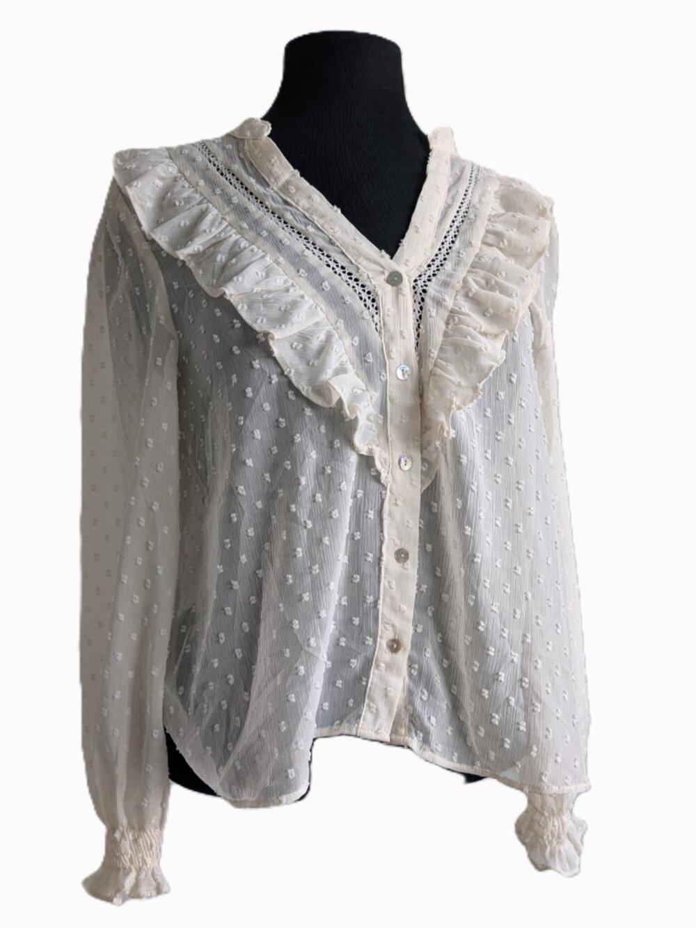 ZARA Cream Swiss Dot Semi-Sheer Ruffle Blouse | Medium